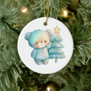 Cute Bear and Christmas Tree Holiday Ceramic Tree Decoration