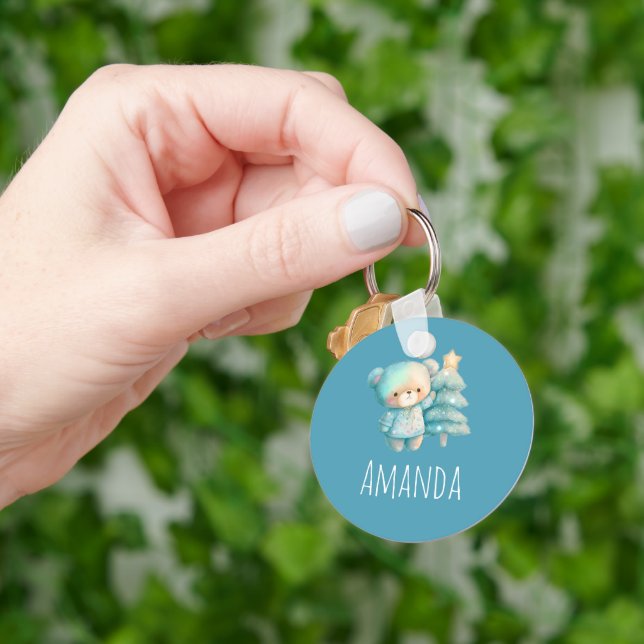 Cute Bear and Christmas Tree Holiday Key Ring (Hand)