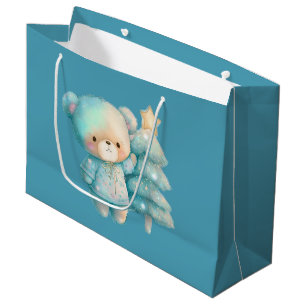 Cute Bear and Christmas Tree Holiday Large Gift Bag