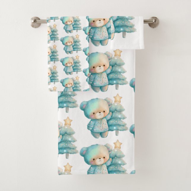 Cute Bear and Christmas Tree Holiday Pattern Bath Towel Set (Insitu)