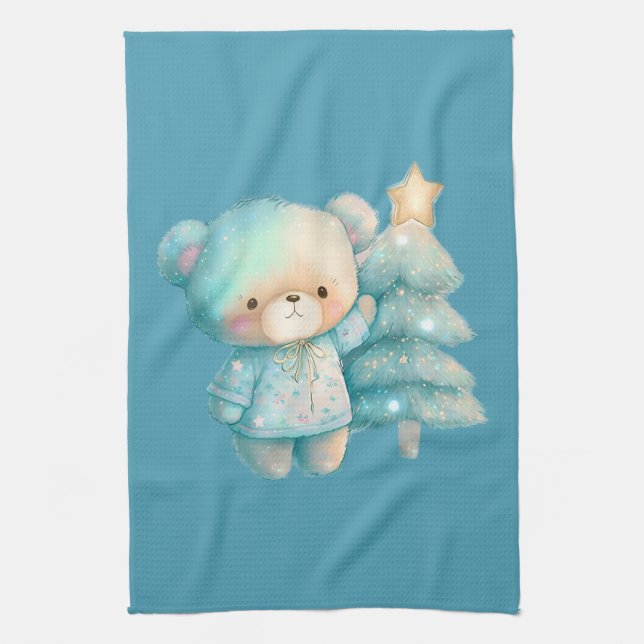 Cute Bear and Christmas Tree Holiday Tea Towel (Vertical)