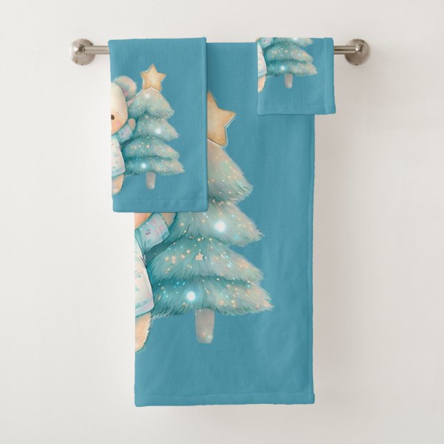 Cute Bear and Christmas Tree Teal Holiday  Bath Towel Set (Insitu)