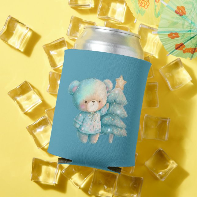 Cute Bear and Christmas Tree Teal Holiday Can Cooler (In Situ Summer)