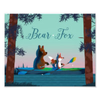 Cute Bear and Fox kayaking on a wild forest river