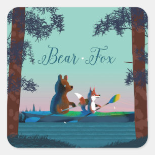 Cute Bear and Fox kayaking on a wild forest river Square Sticker