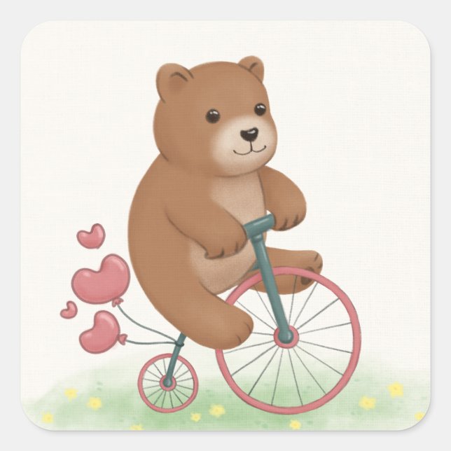 Cute Bear and High Wheel Bike Illustration Art Square Sticker (Front)