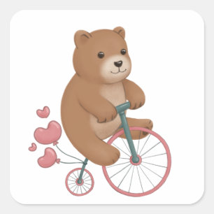 Cute Bear and High Wheel Bike Illustration Square Sticker