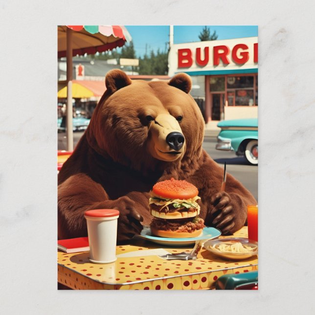 Cute Bear at the Diner With a Cheeseburger Feast Postcard (Front)