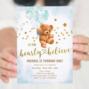 Cute Bear Baby Boy's Birthday Party Invitation