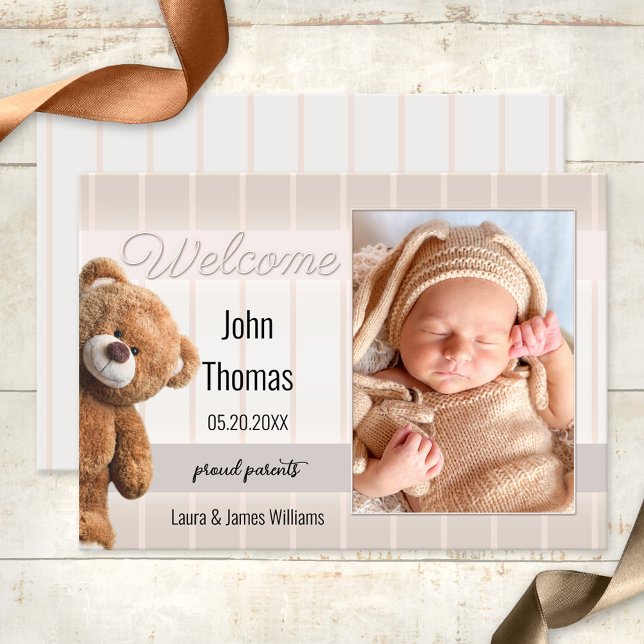 Cute Bear Baby Photo Birth Announcement (Baby photo birth announcement card showing a pastel beige grey striped design with teddy bear)