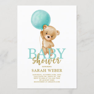 Cute bear balloon baby shower boy invitation