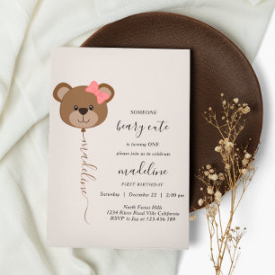 Cute Bear Balloon Beary Cute First Birthday Party Invitation
