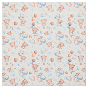 Cute Bear Balloons Watercolor Brown Blue Pastel Fabric
