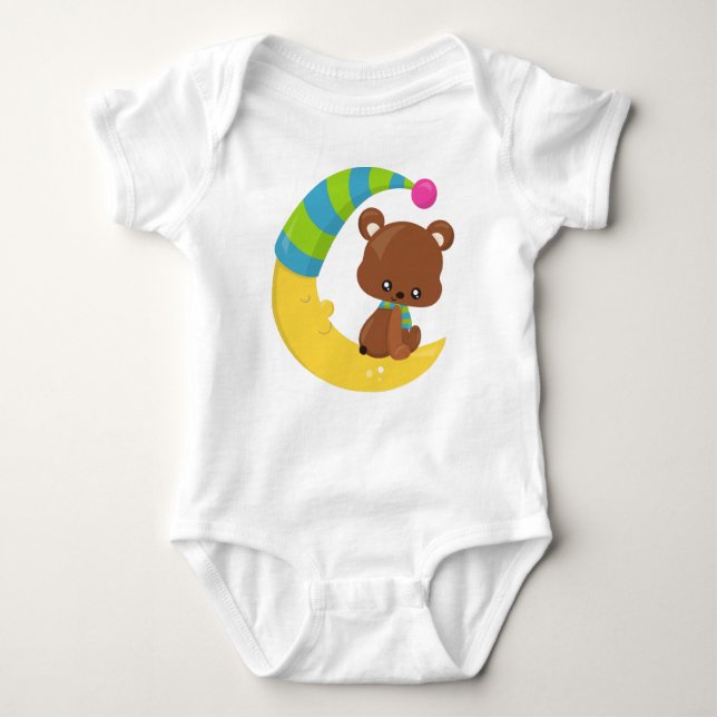 Cute Bear, Bear On The Moon, Bear With Scarf Baby Bodysuit (Front)