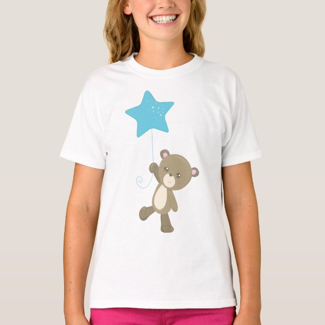 Cute Bear, Bear With Balloon, Little Bear, Star T-Shirt (Front)