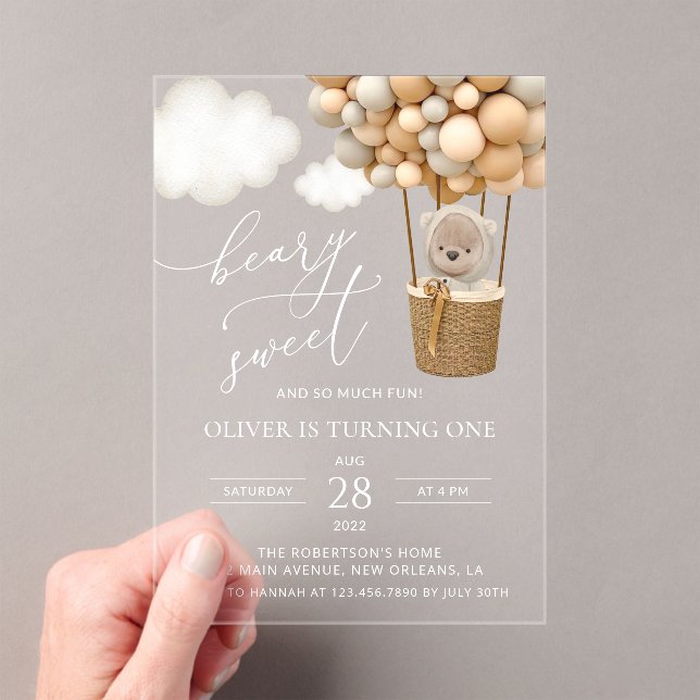 Cute Bear, Beige Balloons, First Birthday Acrylic Invitations (Insitu (Handheld))