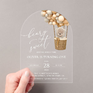 Cute Bear, Beige Balloons, First Birthday Acrylic Invitations