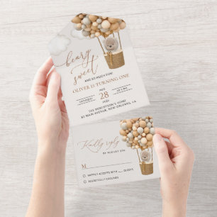 Cute Bear, Beige Balloons, First Birthday All In One Invitation