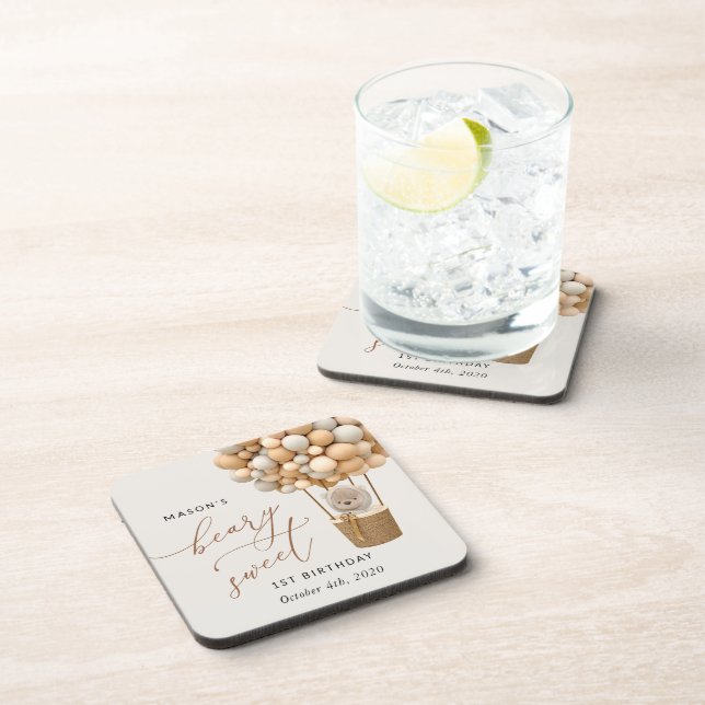 Cute Bear, Beige Balloons, First Birthday Coaster (Right Side)