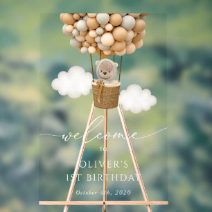 Cute Bear, Beige Balloons, First Birthday Welcome Acrylic Sign
