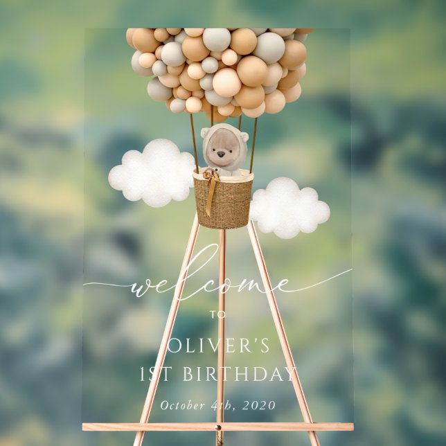 Cute Bear, Beige Balloons, First Birthday Welcome Acrylic Sign (Neutral)