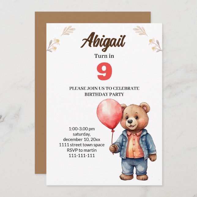 cute bear birthday party invitation card (Front/Back)