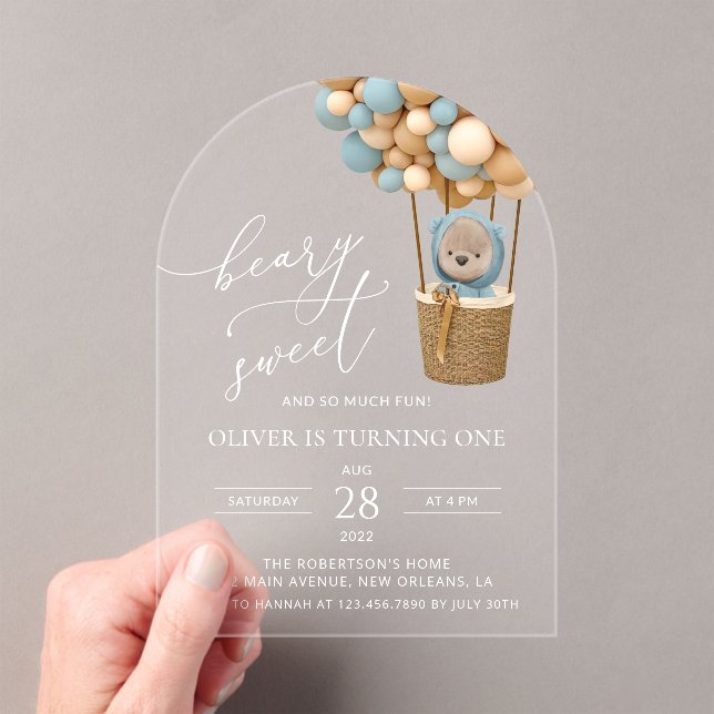 Cute Bear, Blue Balloons, First Birthday Acrylic Invitations (Insitu (Handheld))