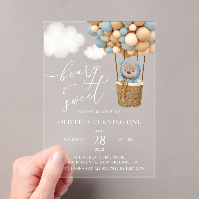 Cute Bear, Blue Balloons, First Birthday Acrylic Invitations (Insitu (Handheld))