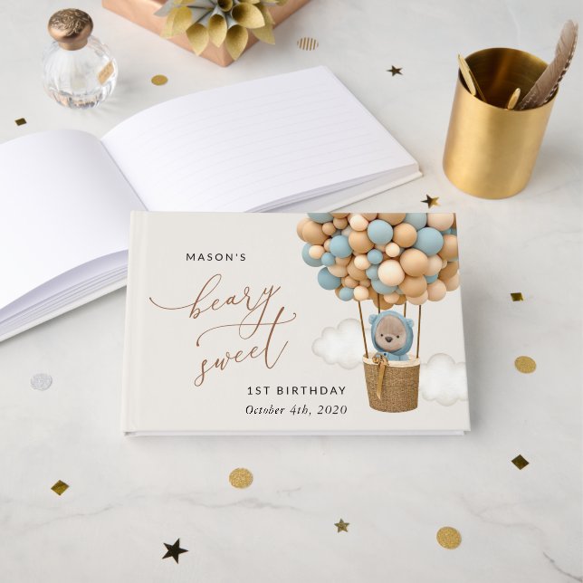 Cute Bear, Blue Balloons, First Birthday Guest Book (Front Open)