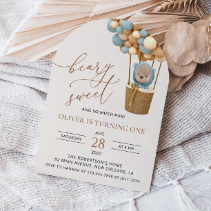 Cute Bear, Blue Balloons, First Birthday Invitation