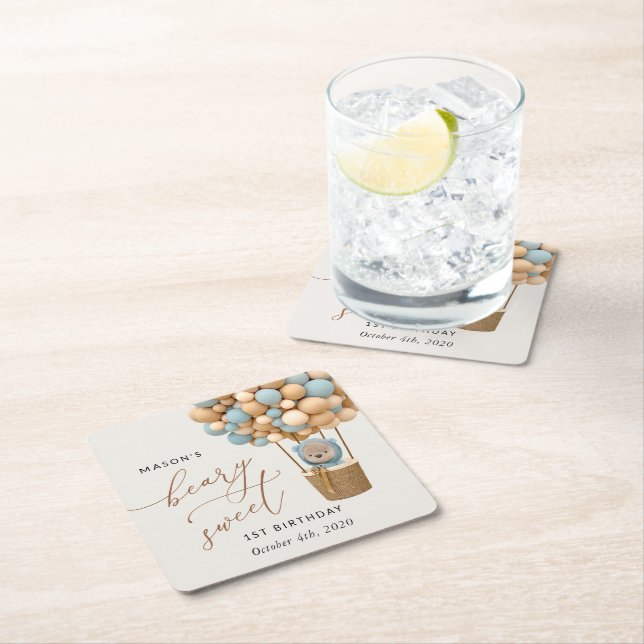Cute Bear, Blue Balloons, First Birthday Square Paper Coaster (Insitu)