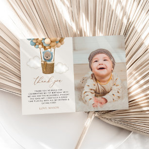Cute Bear, Blue Balloons, First Birthday Thank You Card