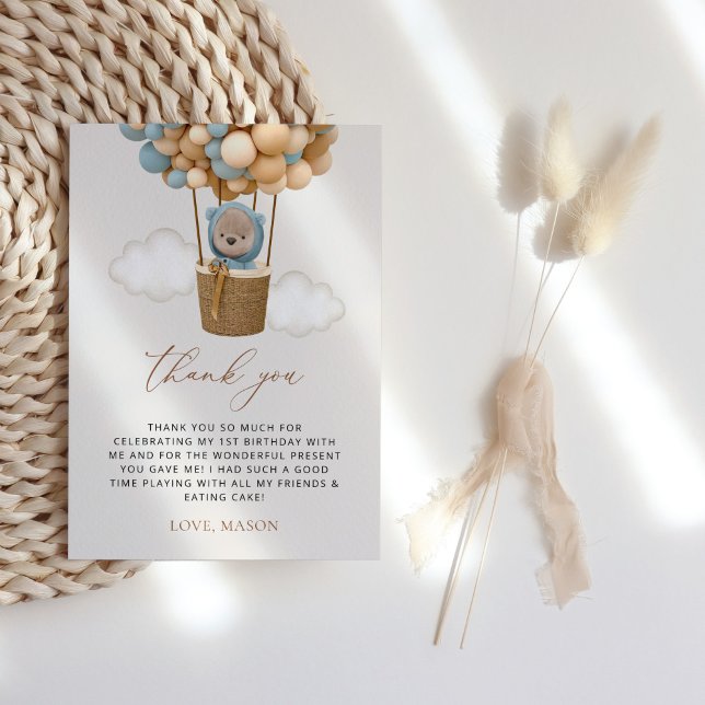 Cute Bear, Blue Balloons, First Birthday Thank You Card (Creator Uploaded)