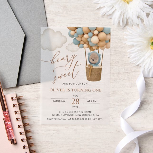Cute Bear, Blue Balloons, First Birthday Vellum Invitations (Wedding)