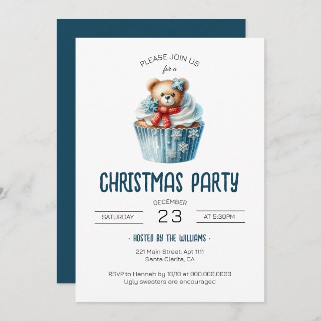 Cute Bear Blue Christmas Party Invitation (Front/Back)