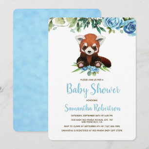 Cute Bear Blue Floral Greenery Boy Baby Shower Invitation