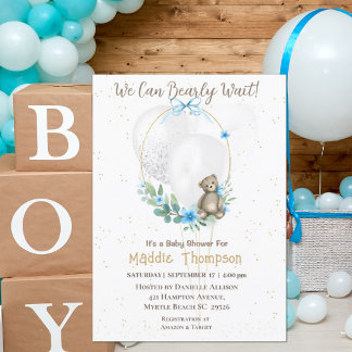Cute Bear Blue Floral Wreath Boys Baby Shower Inv Invitation
