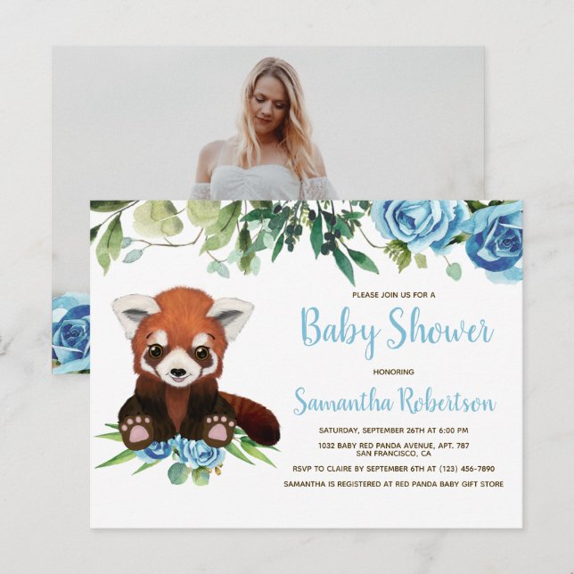 Cute Bear Blue Flowers Boy Baby Shower Photo Invitation Postcard (Front/Back)