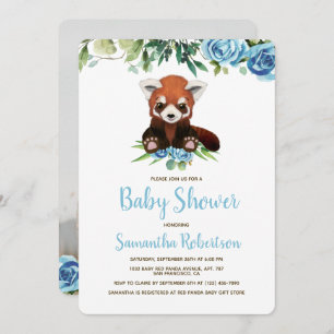 Cute Bear Blue Flowers Greenery Baby Shower Photo Invitation