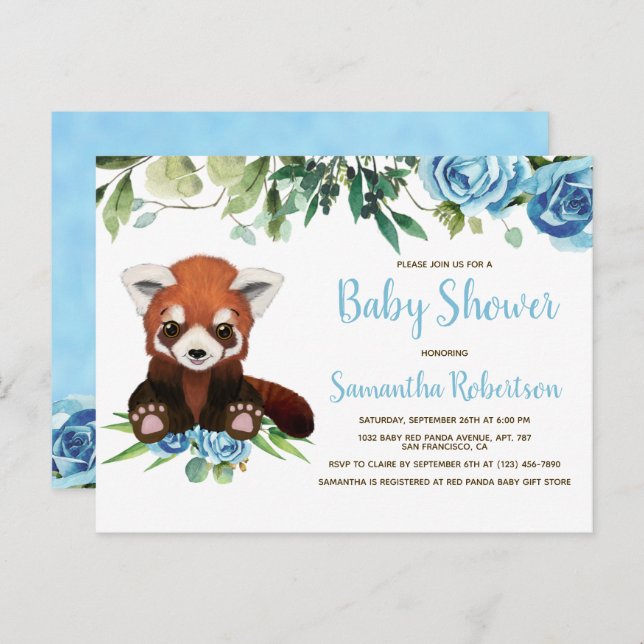 Cute Bear Blue Flowers Greenery Boy Baby Shower Invitation Postcard (Front/Back)