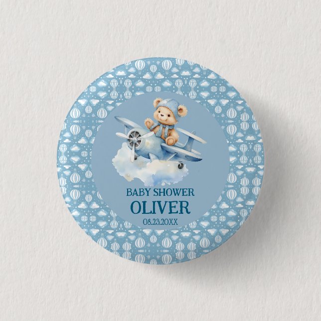 Cute Bear Blue Plane Time Flies One 1st Birthday 3 Cm Round Badge (Front)