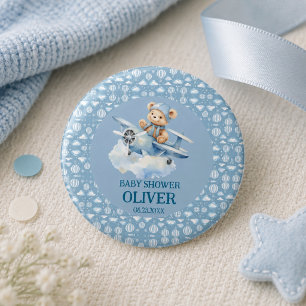 Cute Bear Blue Plane Time Flies One 1st Birthday 3 Cm Round Badge