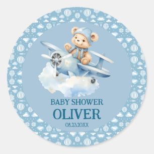 Cute Bear Blue Plane Time Flies One 1st Birthday Classic Round Sticker