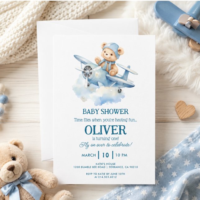 Cute Bear Blue Plane Time Flies One 1st Birthday Invitation (Cute Bear Blue Plane Time Flies One 1st Birthday)