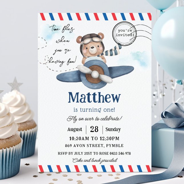 Cute Bear Blue Plane Time Flies One 1st Birthday  Invitation (cute bear riding a dusty blue vintage plane 1st birthday party invitation card printed and digital)