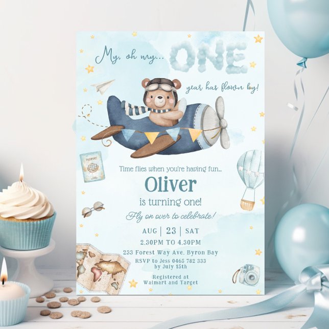 Cute Bear Blue Plane Time Flies One 1st Birthday Invitation (Creator Uploaded)