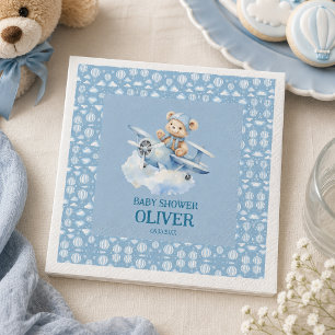 Cute Bear Blue Plane Time Flies One 1st Birthday Napkin