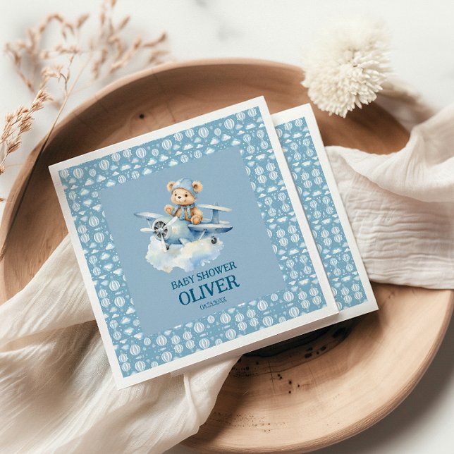 Cute Bear Blue Plane Time Flies One 1st Birthday Napkin (Creator Uploaded)