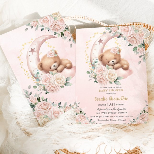 Cute Bear Blush Ivory Floral Girl Baby Shower Invitation (Creator Uploaded)