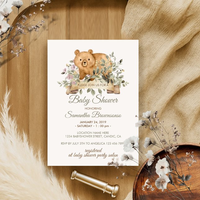 Cute Bear Botanical Ribbon Baby Shower Invitation (Creator Uploaded)